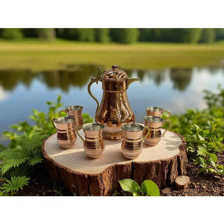 Copper World – 7-Piece Handcrafted Copper Pitcher Set with Lids (2 L Pitcher + 6 Glasses)