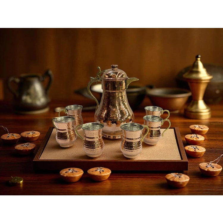 Copper World – 7-Piece Handcrafted Copper Pitcher Set with Lids (2 L Pitcher + 6 Glasses)