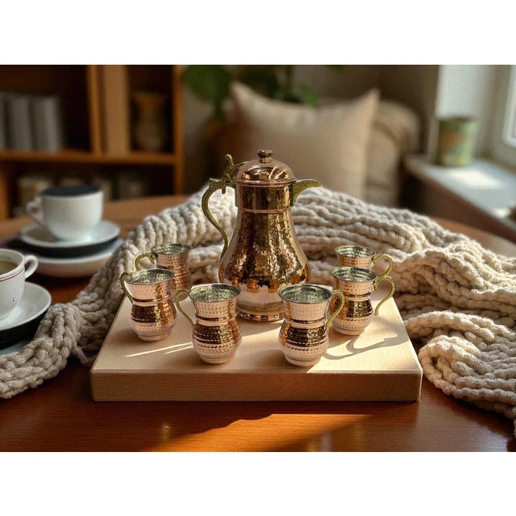 Copper World – 7-Piece Handcrafted Copper Pitcher Set with Lids (2 L Pitcher + 6 Glasses)