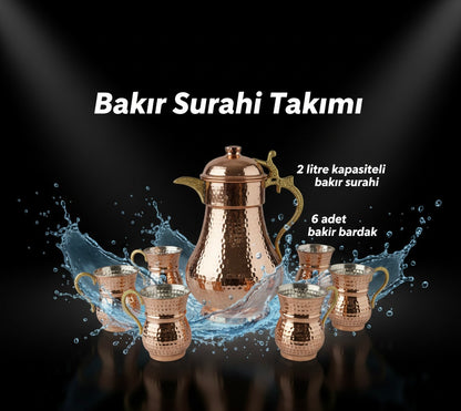 Copper World – 7-Piece Handcrafted Copper Pitcher Set with Lids (2 L Pitcher + 6 Glasses)