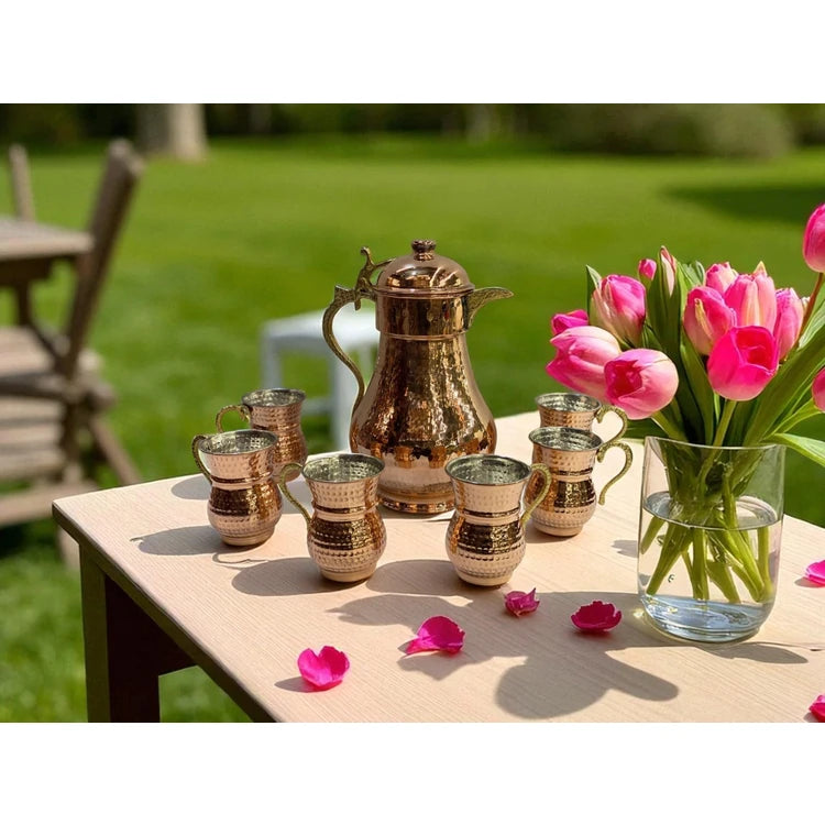 Copper World – 7-Piece Handcrafted Copper Pitcher Set with Lids (2 L Pitcher + 6 Glasses)