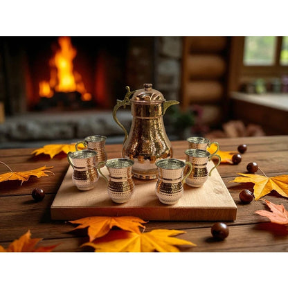 Copper World – 7-Piece Handcrafted Copper Pitcher Set with Lids (2 L Pitcher + 6 Glasses)