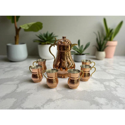 Copper World – 7-Piece Handcrafted Copper Pitcher Set with Lids (2 L Pitcher + 6 Glasses)
